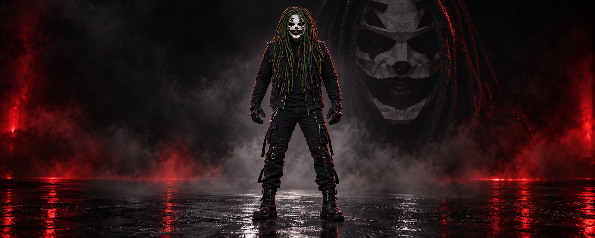 Jai Ghost standing before a giant masked portrait in a cinematic smoke-filled world
